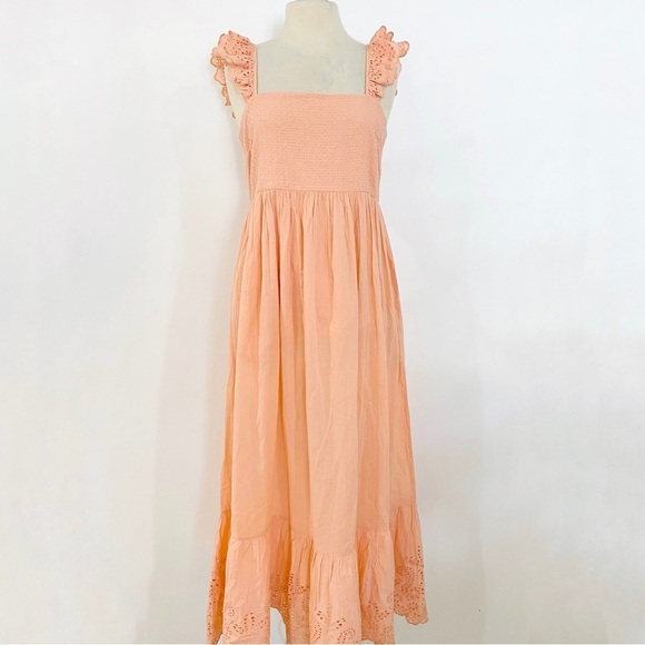 Apiece Apart 100% cotton light peach midi dress with ruffle shoulder straps - Picture 2 of 12
